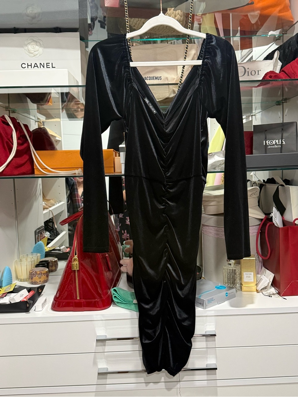 Zara Black Long-Sleeve Draped Ruched velvet Midi Dress